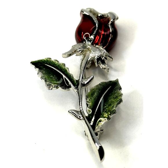 Red Green Enamel Long Stem Rose Flower Rhinestone Brooch Pin Mature Collectable - Picture 3 of 4